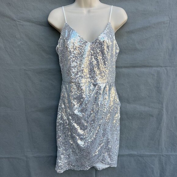 Lulus Dresses & Skirts - Lulu's Size M Silver Sequin Spaghetti Strap Party Mini Dress Draped V-Neck